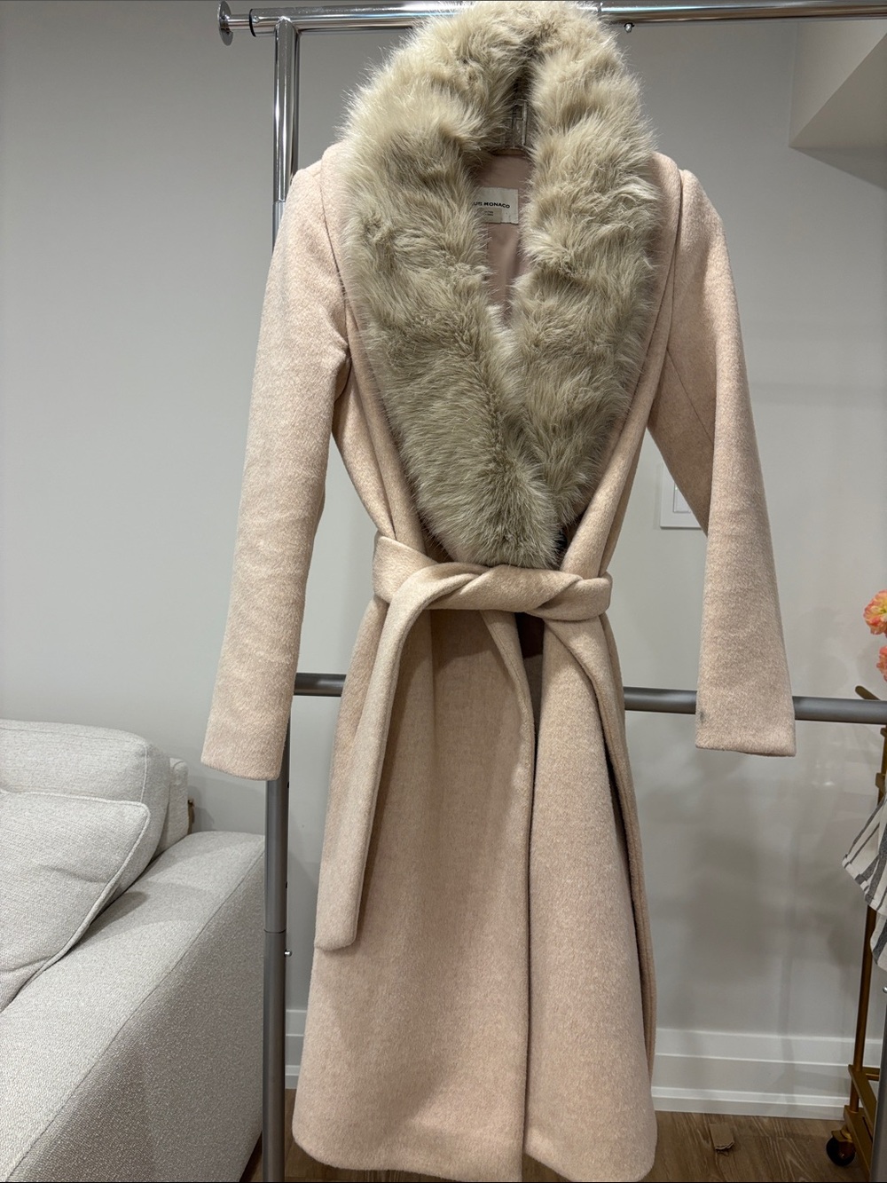 Club Monaco 80% wool Faux Fur Collar Wrap Wool Coat - Blush Cream